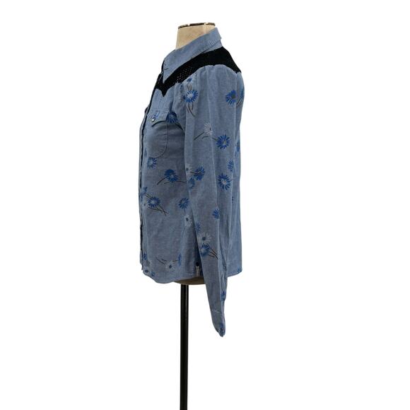 One Teaspoon Wild‎ Saloon Chambray Shirt Top Button Down Floral Blue Size XS - Picture 6 of 15